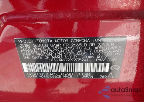 2009 Lexus Es 350 z USA, uszkodzony, nr VIN JTHBJ46G992305241